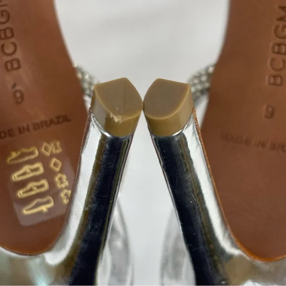 BCBGMaxazria Leather Heels Rhinestone Strappy Stiletto Elegant Pumps Silver Sz 9 - Picture 14 of 16